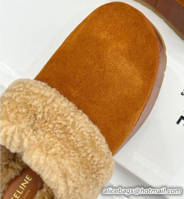 Big Discount Celine Dana Wedge Platform Mules in Suede and Shearling Havana Yellow 2025 CE082615