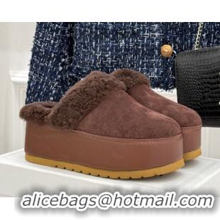 Fashion Celine Dana Wedge Platform Mules in Suede and Shearling Brown 2025 CE082615