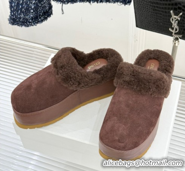 Fashion Celine Dana Wedge Platform Mules in Suede and Shearling Brown 2025 CE082615