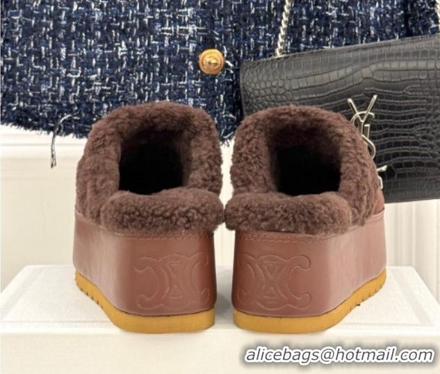 Fashion Celine Dana Wedge Platform Mules in Suede and Shearling Brown 2025 CE082615