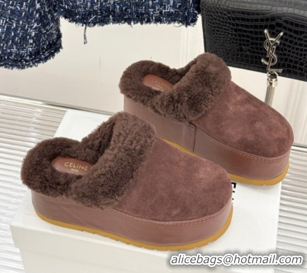 Fashion Celine Dana Wedge Platform Mules in Suede and Shearling Brown 2025 CE082615