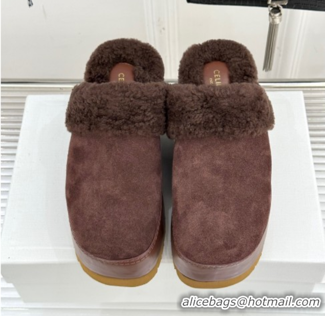 Fashion Celine Dana Wedge Platform Mules in Suede and Shearling Brown 2025 CE082615
