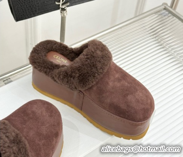 Fashion Celine Dana Wedge Platform Mules in Suede and Shearling Brown 2025 CE082615