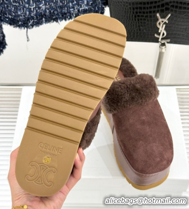 Fashion Celine Dana Wedge Platform Mules in Suede and Shearling Brown 2025 CE082615