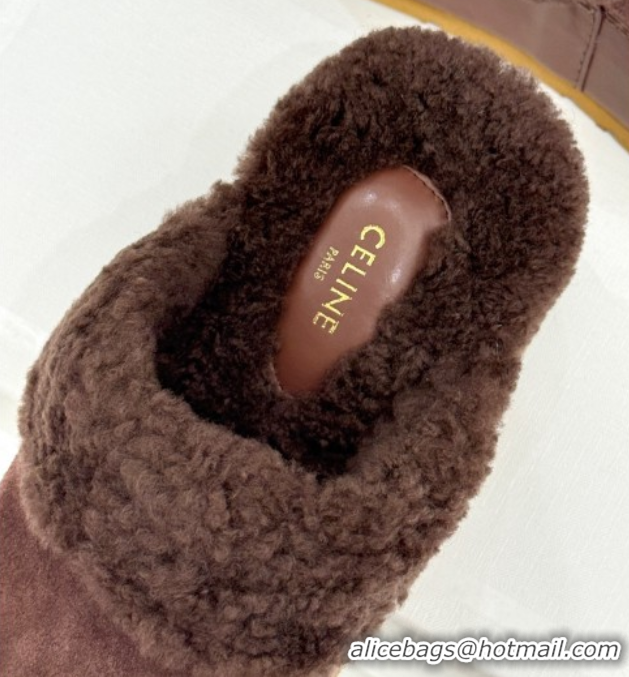 Fashion Celine Dana Wedge Platform Mules in Suede and Shearling Brown 2025 CE082615
