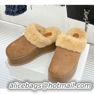 Trendy Design Celine Dana Wedge Platform Mules in Suede and Shearling Beige 2025 CE082615