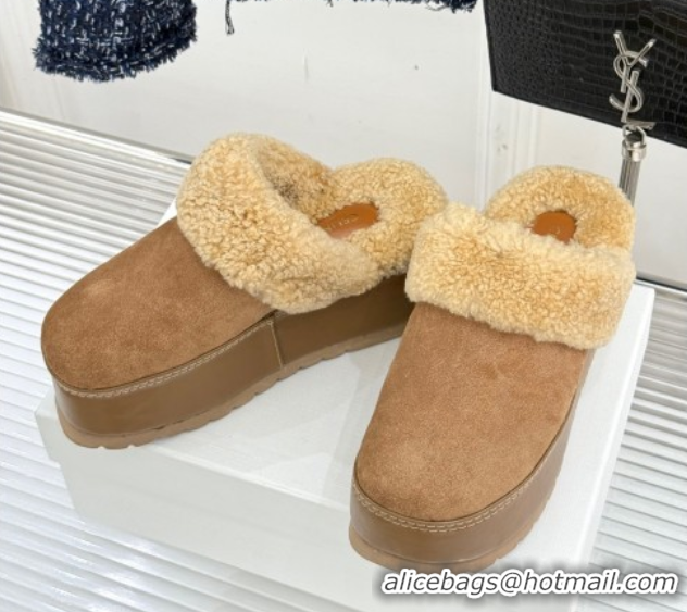 Trendy Design Celine Dana Wedge Platform Mules in Suede and Shearling Beige 2025 CE082615