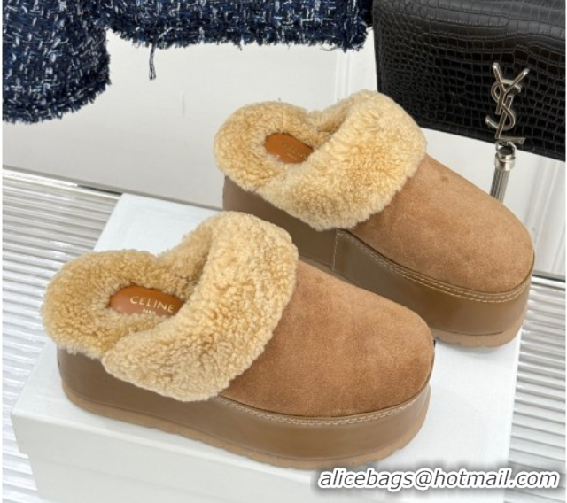 Trendy Design Celine Dana Wedge Platform Mules in Suede and Shearling Beige 2025 CE082615