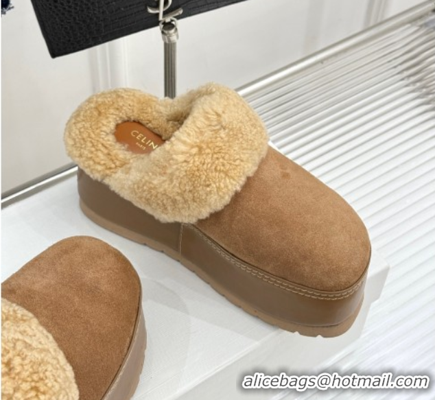Trendy Design Celine Dana Wedge Platform Mules in Suede and Shearling Beige 2025 CE082615