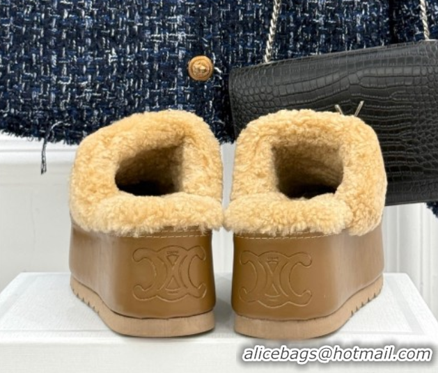 Trendy Design Celine Dana Wedge Platform Mules in Suede and Shearling Beige 2025 CE082615