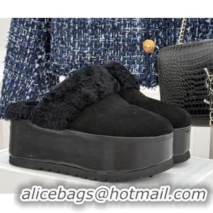 Most Popular Celine Dana Wedge Platform Mules in Suede and Shearling Black 2025 CE082615