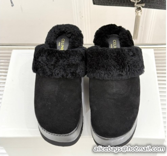 Most Popular Celine Dana Wedge Platform Mules in Suede and Shearling Black 2025 CE082615