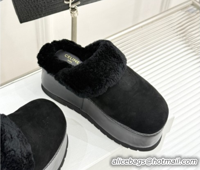 Most Popular Celine Dana Wedge Platform Mules in Suede and Shearling Black 2025 CE082615
