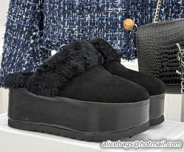 Most Popular Celine Dana Wedge Platform Mules in Suede and Shearling Black 2025 CE082615