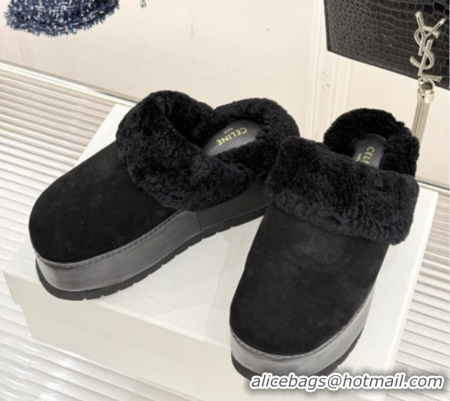 Most Popular Celine Dana Wedge Platform Mules in Suede and Shearling Black 2025 CE082615