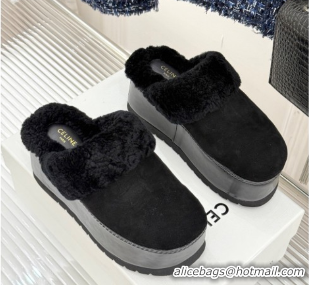 Most Popular Celine Dana Wedge Platform Mules in Suede and Shearling Black 2025 CE082615
