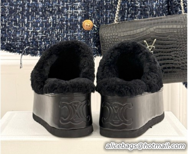 Most Popular Celine Dana Wedge Platform Mules in Suede and Shearling Black 2025 CE082615