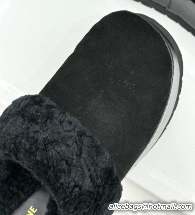 Most Popular Celine Dana Wedge Platform Mules in Suede and Shearling Black 2025 CE082615