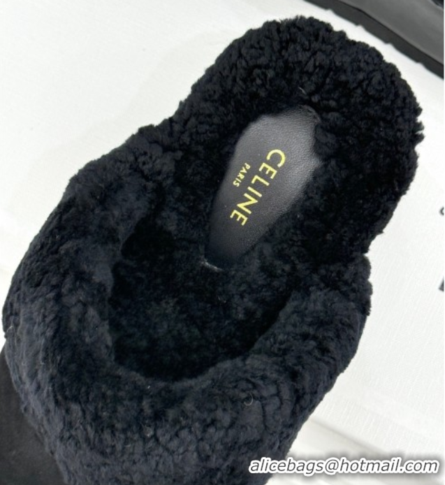 Most Popular Celine Dana Wedge Platform Mules in Suede and Shearling Black 2025 CE082615