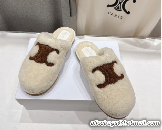 Cheap Celine Georgia Flat Slides Sandal in Shearling White 2025 CE082616