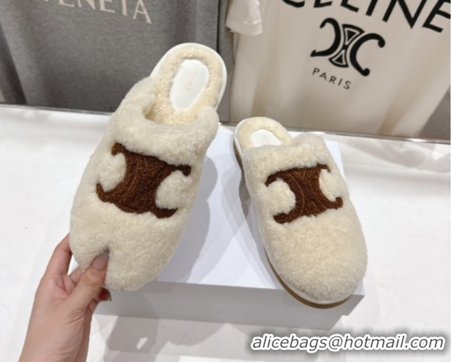 Cheap Celine Georgia Flat Slides Sandal in Shearling White 2025 CE082616