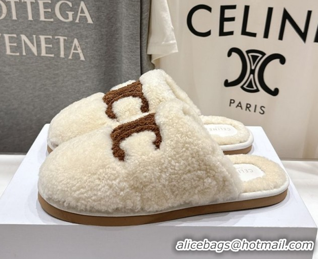 Cheap Celine Georgia Flat Slides Sandal in Shearling White 2025 CE082616