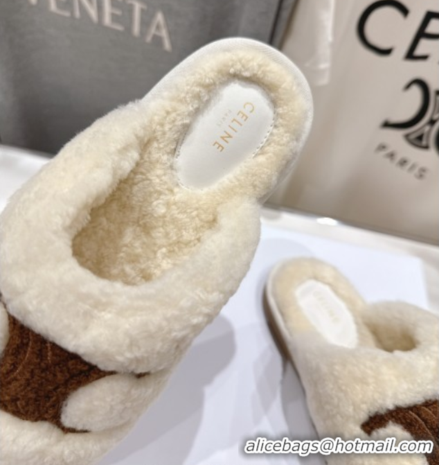 Cheap Celine Georgia Flat Slides Sandal in Shearling White 2025 CE082616