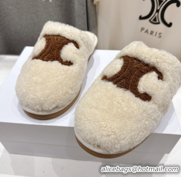 Cheap Celine Georgia Flat Slides Sandal in Shearling White 2025 CE082616