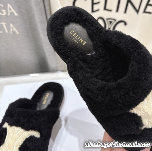 Discount Celine Georgia Flat Slides Sandal in Shearling Black 2025 CE082616