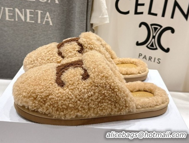 Sumptuous Celine Georgia Flat Slides Sandal in Shearling Beige 2025 CE082616