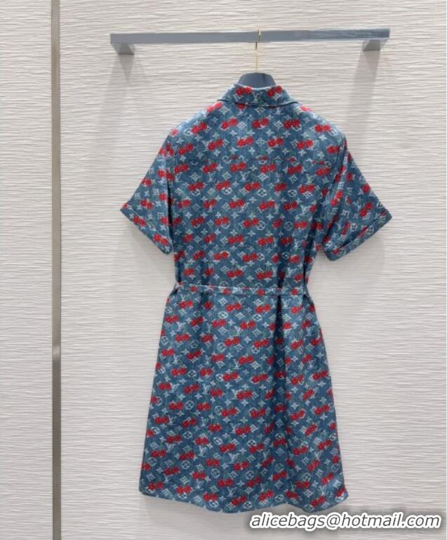 New Design Louis Vuitton Cherry Print Dress 0611 Denim Blue 2025