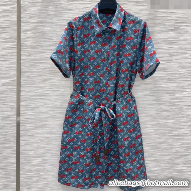 New Design Louis Vuitton Cherry Print Dress 0611 Denim Blue 2025