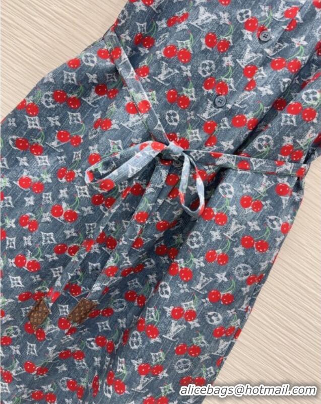 New Design Louis Vuitton Cherry Print Dress 0611 Denim Blue 2025