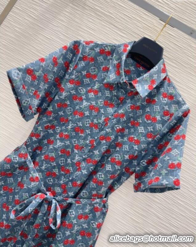 New Design Louis Vuitton Cherry Print Dress 0611 Denim Blue 2025