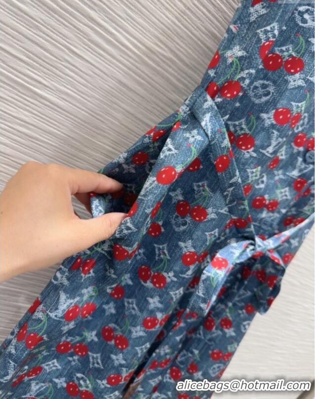 New Design Louis Vuitton Cherry Print Dress 0611 Denim Blue 2025