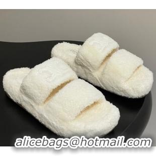 Buy New Cheap Celine Triomphe Flat Slides Sandal in Sponge Fabric White 2025 CE082618