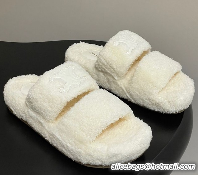 Buy New Cheap Celine Triomphe Flat Slides Sandal in Sponge Fabric White 2025 CE082618