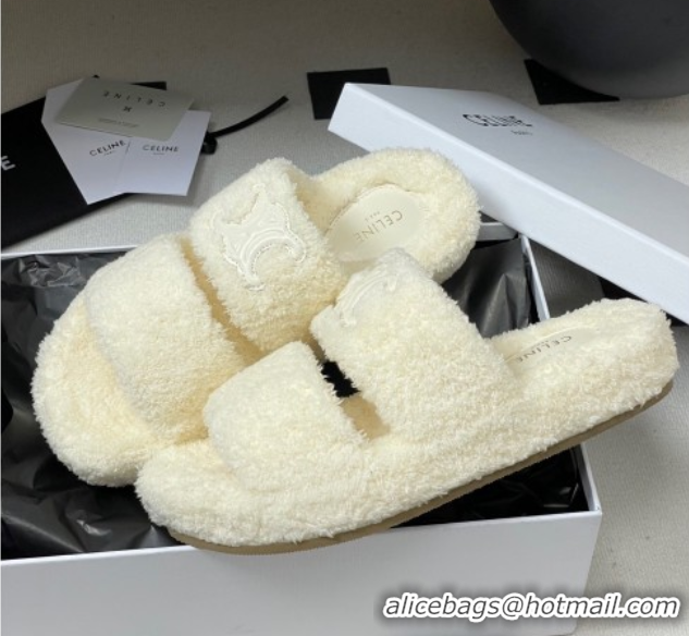 Buy New Cheap Celine Triomphe Flat Slides Sandal in Sponge Fabric White 2025 CE082618