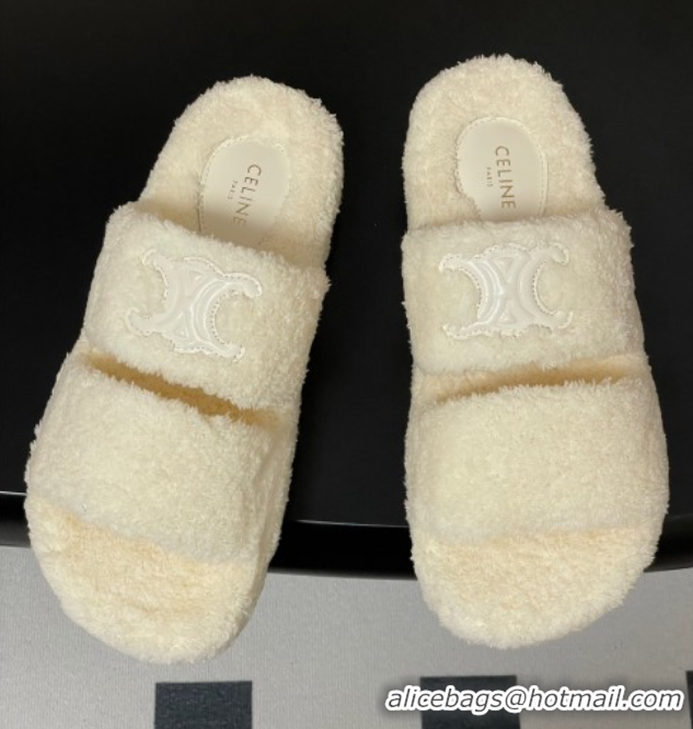 Buy New Cheap Celine Triomphe Flat Slides Sandal in Sponge Fabric White 2025 CE082618