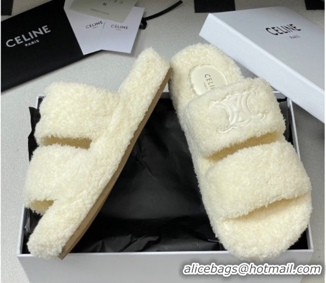 Buy New Cheap Celine Triomphe Flat Slides Sandal in Sponge Fabric White 2025 CE082618