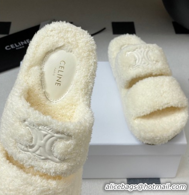 Buy New Cheap Celine Triomphe Flat Slides Sandal in Sponge Fabric White 2025 CE082618