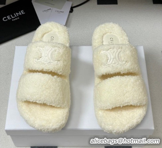 Buy New Cheap Celine Triomphe Flat Slides Sandal in Sponge Fabric White 2025 CE082618