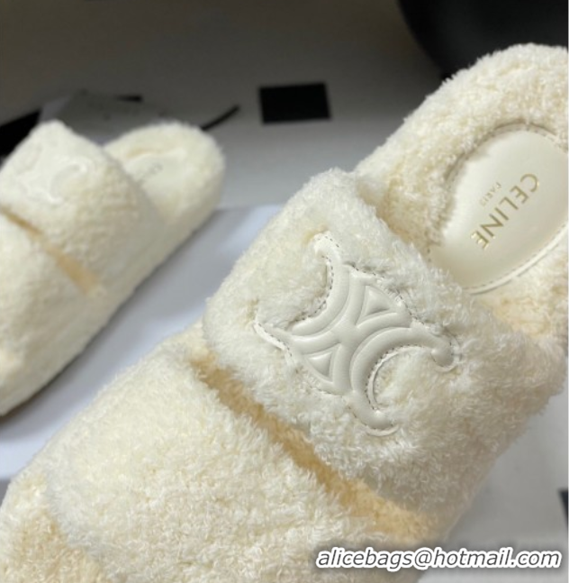 Buy New Cheap Celine Triomphe Flat Slides Sandal in Sponge Fabric White 2025 CE082618