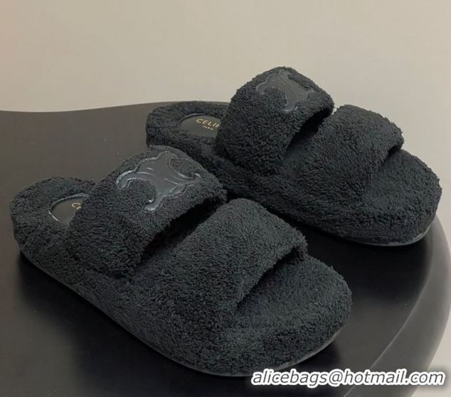 Most Popular Celine Triomphe Flat Slides Sandal in Sponge Fabric Black 2025 CE082618