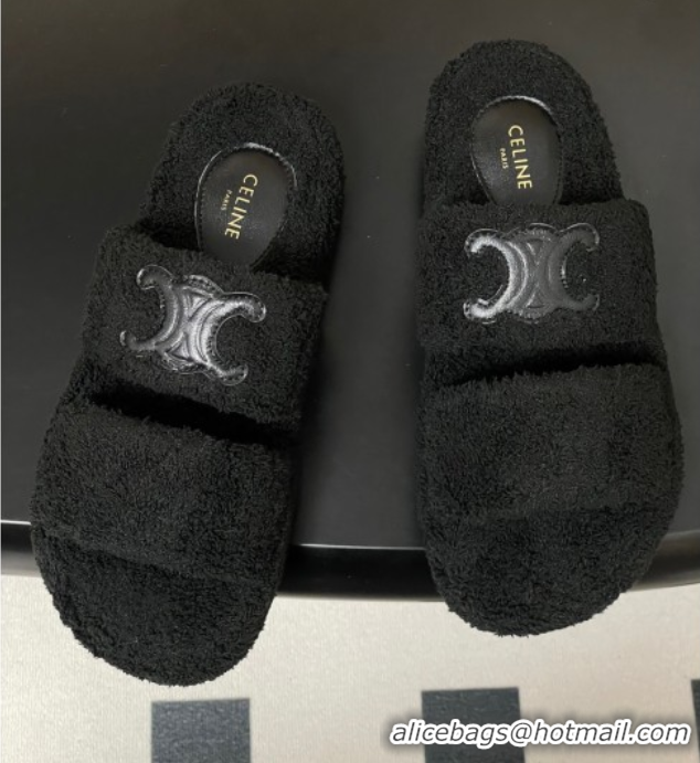 Most Popular Celine Triomphe Flat Slides Sandal in Sponge Fabric Black 2025 CE082618