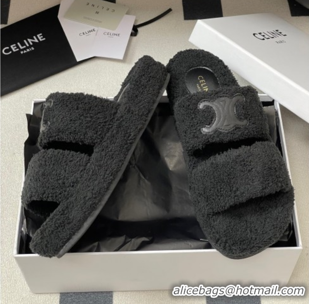 Most Popular Celine Triomphe Flat Slides Sandal in Sponge Fabric Black 2025 CE082618
