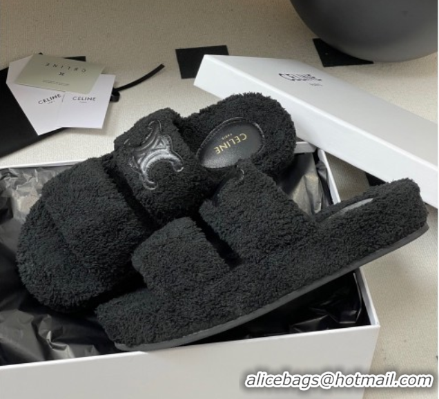 Most Popular Celine Triomphe Flat Slides Sandal in Sponge Fabric Black 2025 CE082618