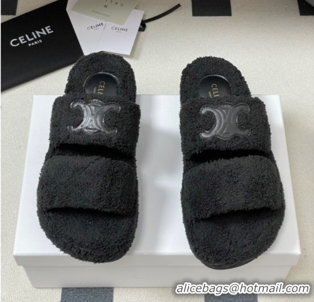 Most Popular Celine Triomphe Flat Slides Sandal in Sponge Fabric Black 2025 CE082618