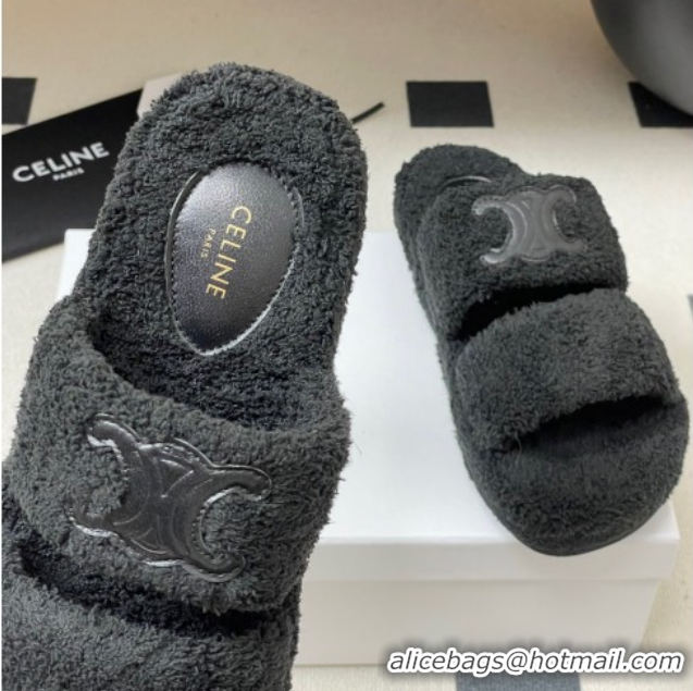 Most Popular Celine Triomphe Flat Slides Sandal in Sponge Fabric Black 2025 CE082618
