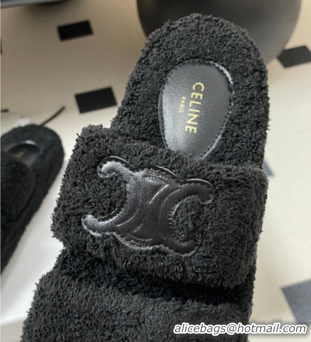 Most Popular Celine Triomphe Flat Slides Sandal in Sponge Fabric Black 2025 CE082618